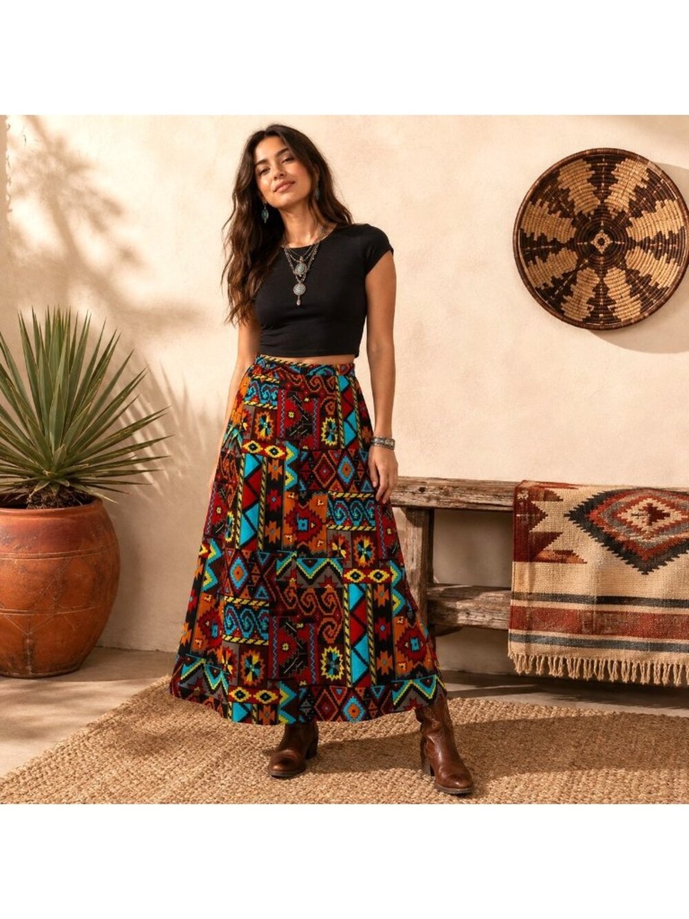 Vintage 80s Doncaster Skirt 8 Geometric Southwest Maxi Made USA Lined Patchwork